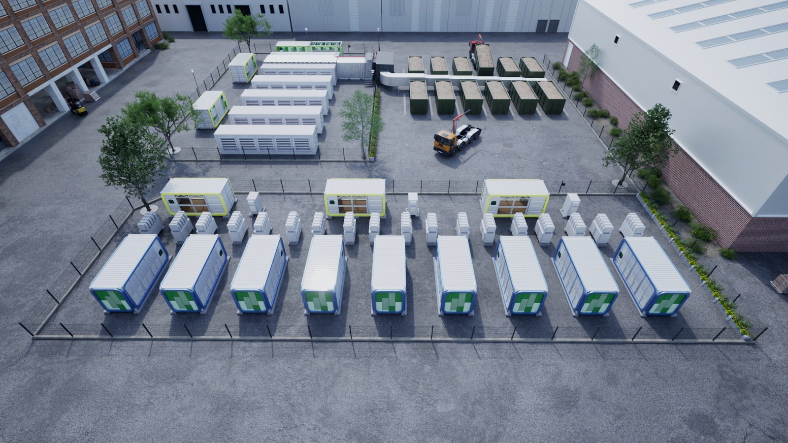 Aerial rendering of the Dalsbruk site on Kimitoön, showing the compute container rows, edge modules and BESS containers in the industrial yard.